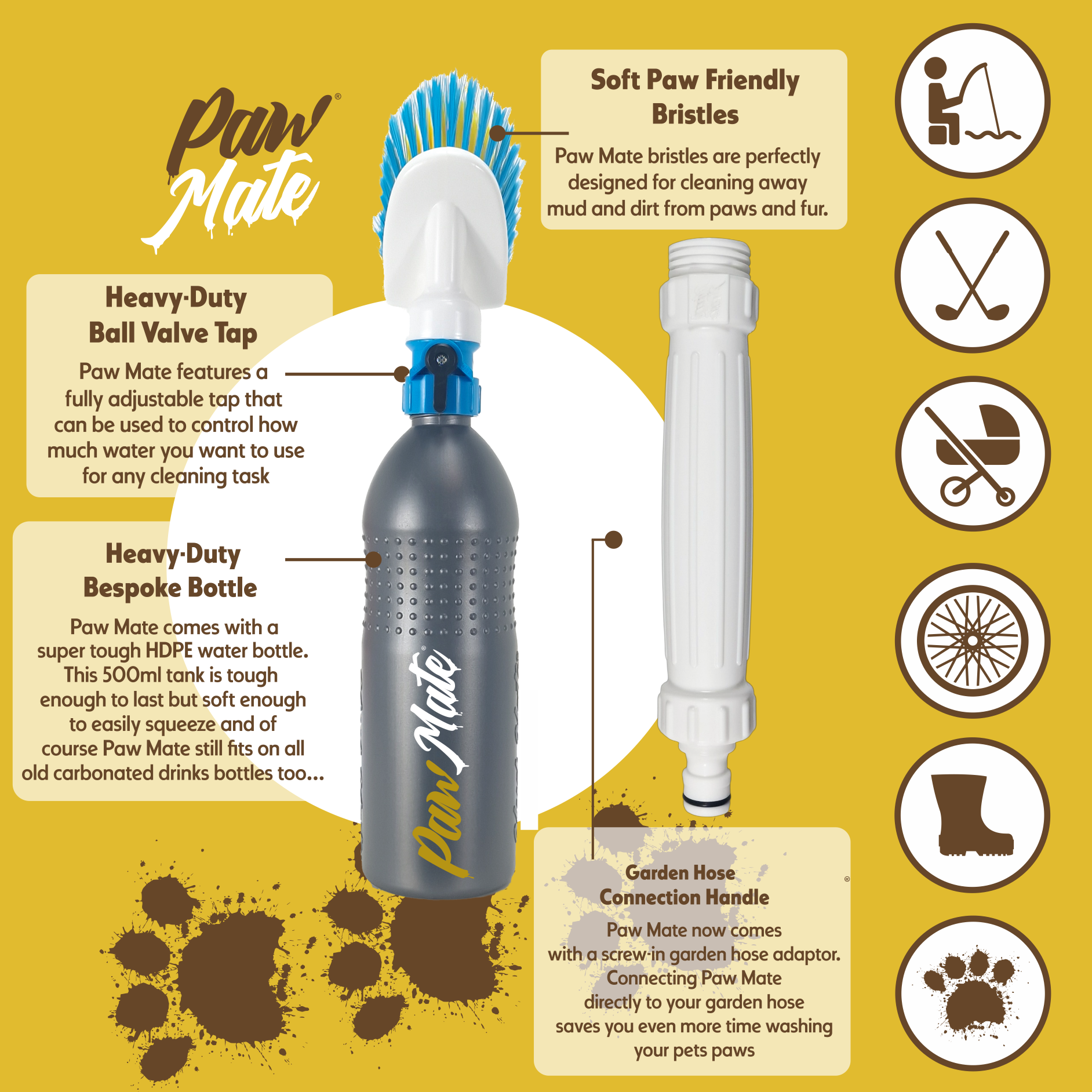 Paw Mate - Quickly Wash & Clean Your Pet Paws & Fur - Also Ideal for Muddy Boots & Footwear – 500ml Bottle - Also Connects to Garden Hose – Pet & Dog Paw Cleaner Washer & Thoughtful Dog Walker Gift